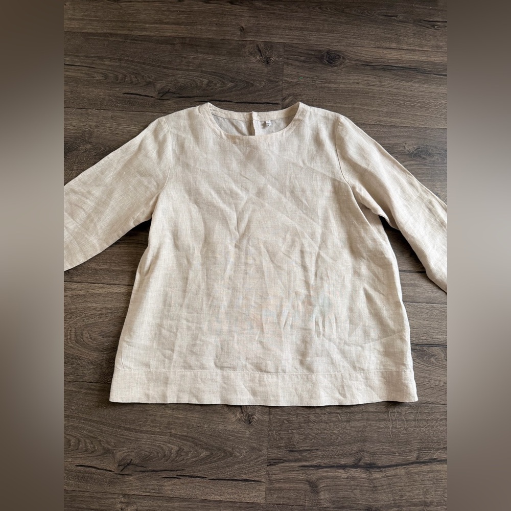 100% Linen 3/4 Sleeve Button Blouse Round Neck Size M Beige Off White